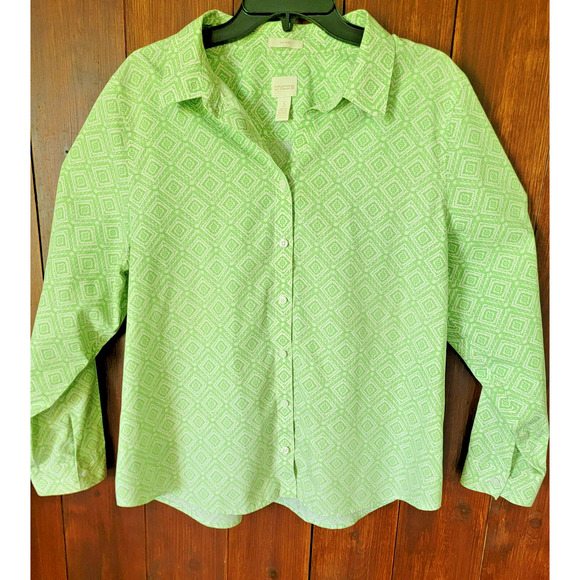 Chico’s Women's 3 No Iron 100% Cotton Blouse Light Green Diamond Pattern Spring - Picture 1 of 12